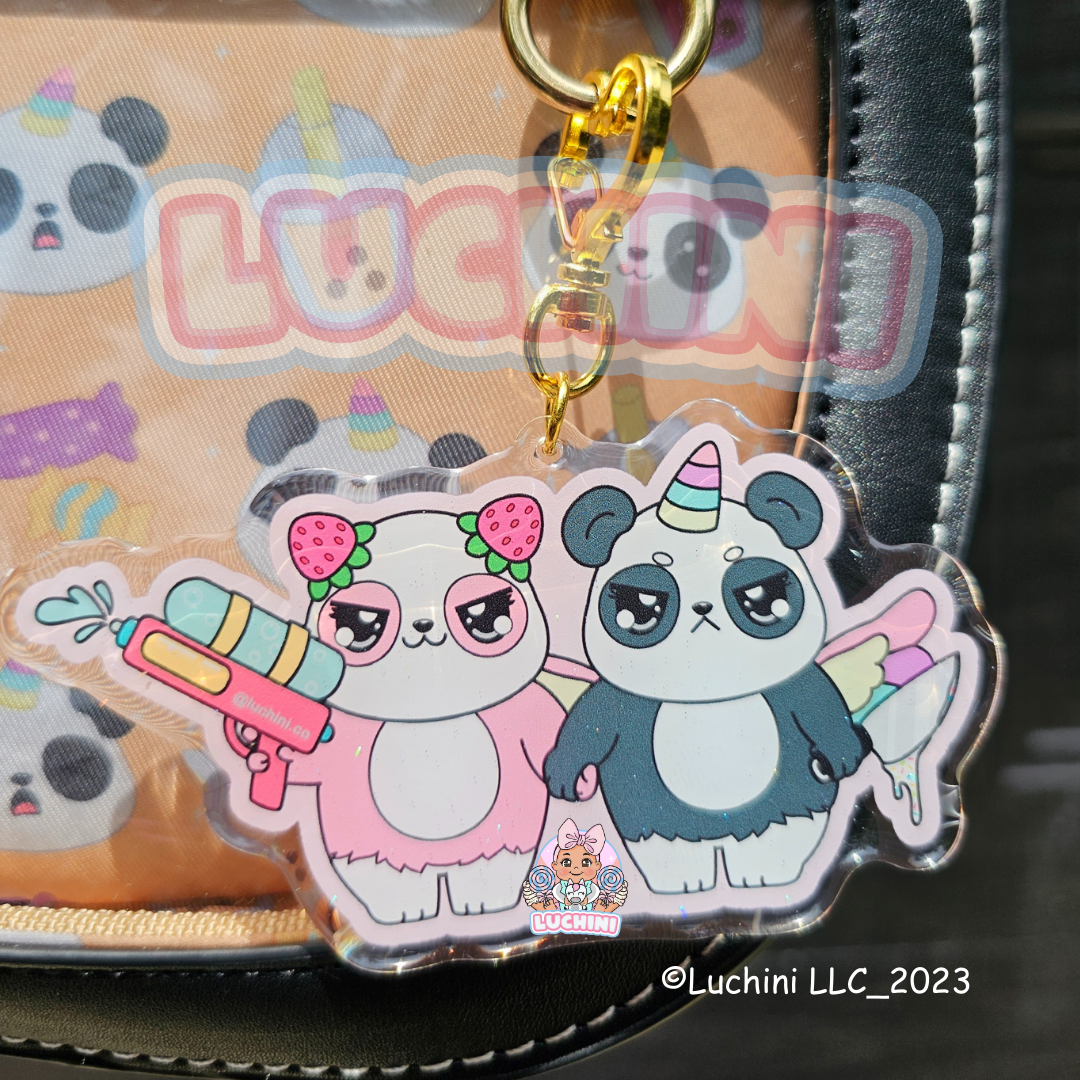 Stabby Cute Warrior Panda Glitter Acrylic Keychain