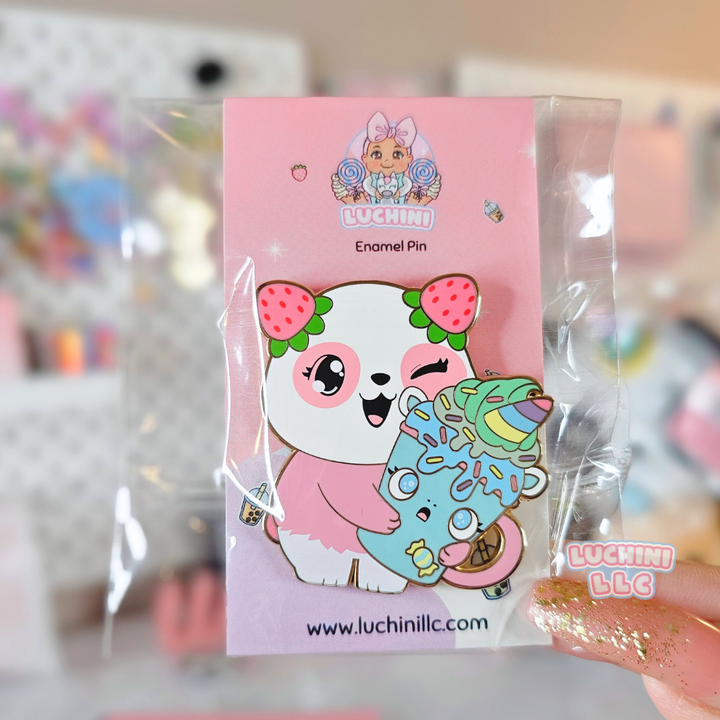 Strawberry Panda Hugs Enamel Pin